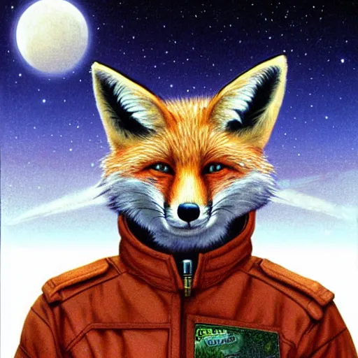 Image similar to a portrait of fox mccloud by peter elson, furry art, lonely, forlorn, with background by david a. hardy