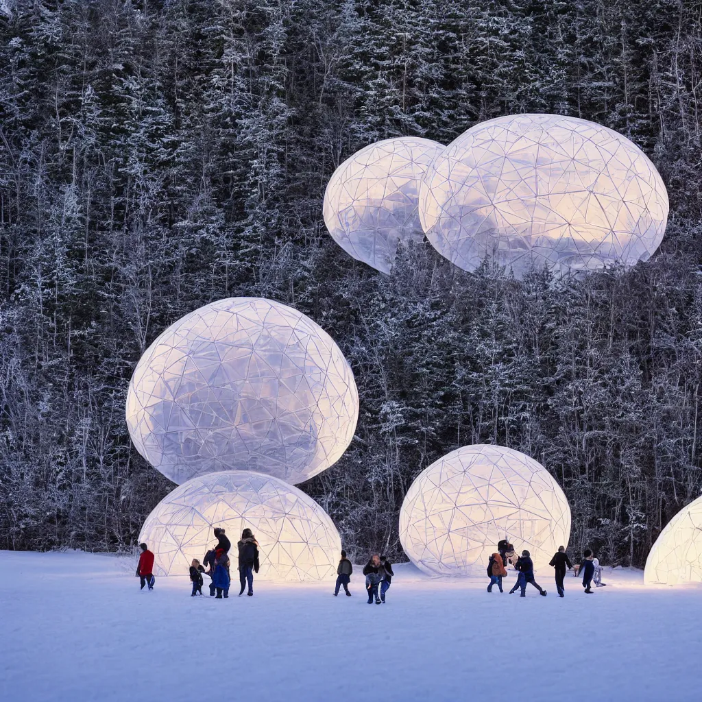 Prompt: A night photo of a family playing in the snow in front of a large glowing inflatable geodesic house made of clear plastic sheeting. The bubble house glows from within with warm light. The inflated bubble house is at the edge of a snowy winter forest by a frozen lake. Coronarender, 8k, photorealistic