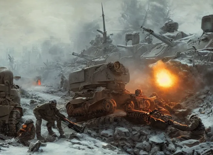 Image similar to soviet soldiers fighting against nazi monstrous robots in world war two eastern front setting, dieselpunk, winter concept art, artstation, stephen bliss, unreal engine, art by greg rutkowski, pixar, global illumination, radiant light, detailed and intricate environment