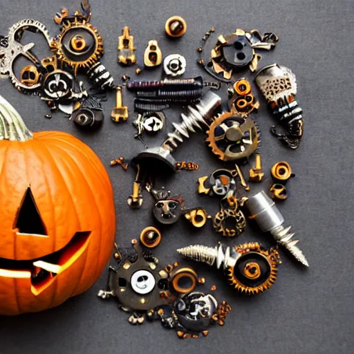 Image similar to tiny and cute halloween monster with intricate details created with pumpkin and steampunk, screws and bolts, a cog and a pearl, lit up, cinematic, 3d occlusion, isolated on white background