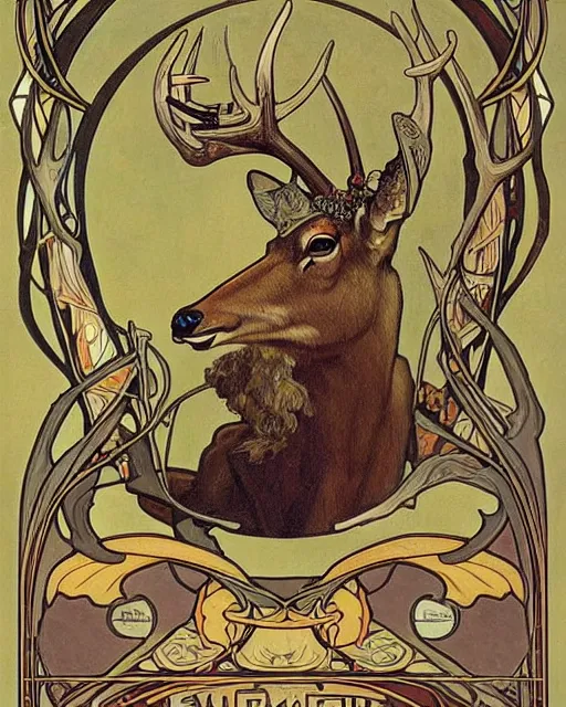 Image similar to an art nouveau painting of a deer with antlers, highly detailed, intricate, artstation, by alphonse mucha and james gurney