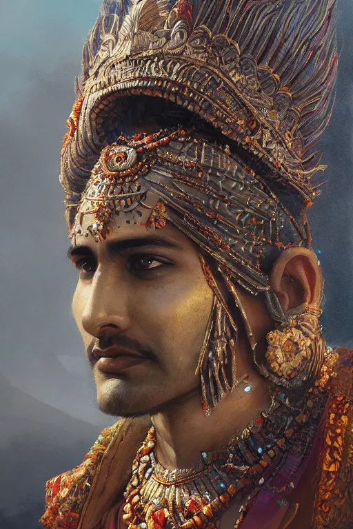 Image similar to indian god, close - up portrait, powerfull, intricate, elegant, volumetric lighting, scenery, digital painting, highly detailed, artstation, sharp focus, illustration, concept art, ruan jia, steve mccurry