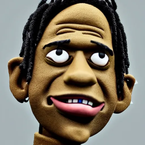 Image similar to a cartoon claymation medium close up sculpture of Travis Scott, in the style of Robot Chicken