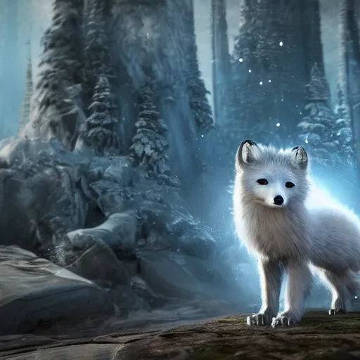 Image similar to screenshot depicting an anthropomorphic arctic fox wearing armor dressed as a character in Final Fantasy, octane render