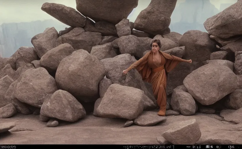 Image similar to screenshot of Princess Leia lifting floating rocks outside a Jedi Temple scene from The Force Awakens, 1970s film by Stanley Kubrick, serene, iconic scene, stunning cinematography, hyper-detailed, sharp, anamorphic lenses, kodak color film, 4k