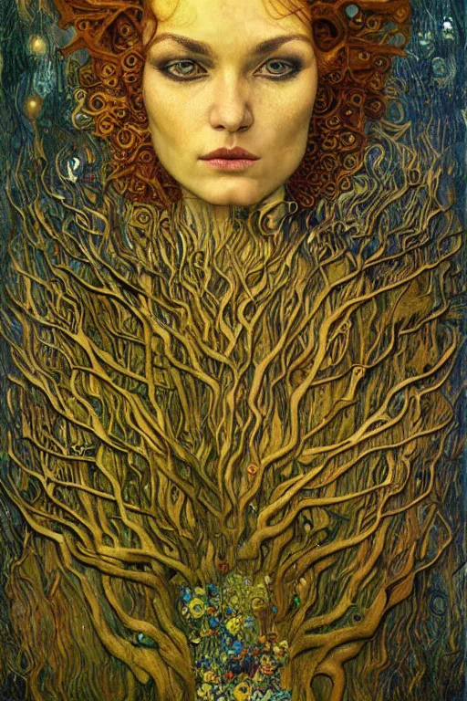 Image similar to Nature by Karol Bak, Jean Deville, Gustav Klimt, and Vincent Van Gogh, beautiful organic portrait, visionary, hair made of trees, verdant, life, botanicals, otherworldly, fractal structures, ornate gilded medieval icon, third eye, spirals