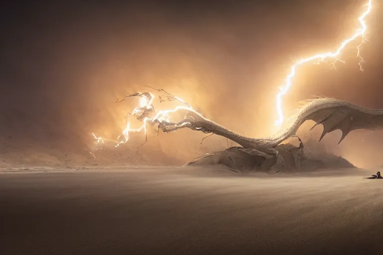 Image similar to sand dragon with lightnings and smoke is fighting against giant wind monster with cyclones, cgsociety, full length, exquisite detail, post - processing, masterpiece, volumetric lighting, cinematic, hypermaximalistic, polarizing filter,, sony a 7 r iv, cinematic, 8 k resolution, beautiful detailed, insanely intricate details, sharp edges, smooth focus, low angle,