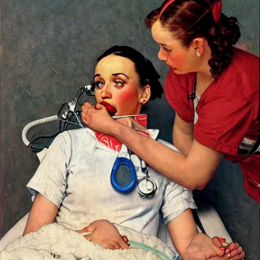 Image similar to katy perry as a nurse, she is giving a patient mouth to mouth resuscitation, oil painting by norman rockwell,