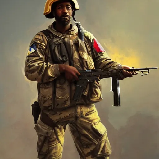 Prompt: a painting of a character in the gulf war holding a Gun by Shinji Aramaki, high detail, hyperrealistic, concept art, artstation, 8k,