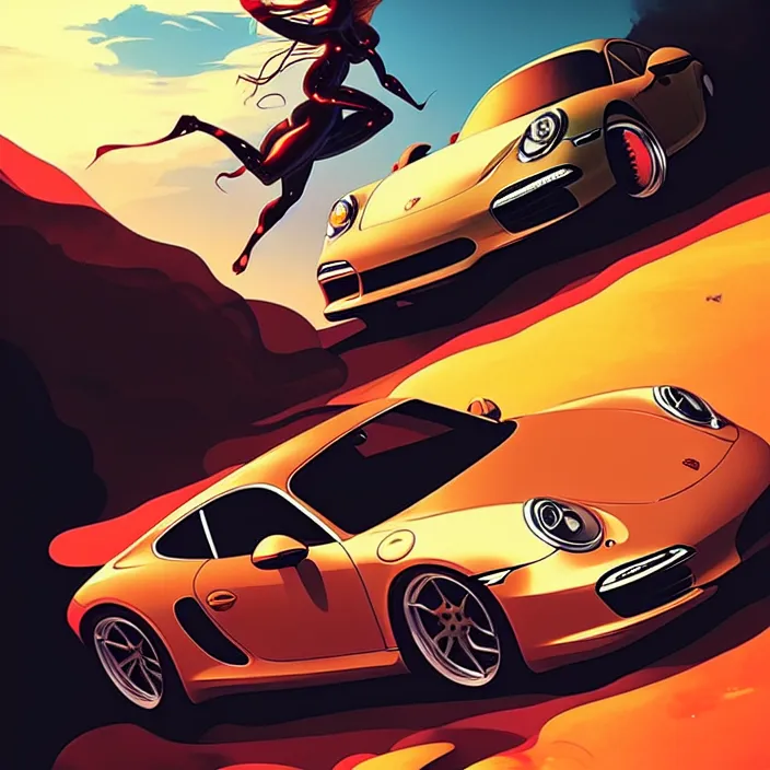 Image similar to style artgerm, joshua middleton : : porsche : : [ detailed, volcano setting ] : : cinematic lighting : :