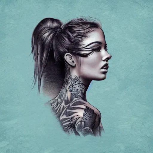 Image similar to tattoo design sketch of a beautiful girl, on a faded background of beautiful mountain scenery, hyper realistic