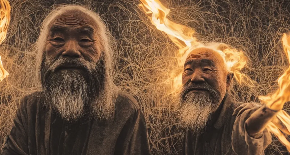 Prompt: full body shot of old asian man with long beard, his head covered in roots, full face occult silver mask, bright multiple glowing eyes, holding a large carved wooden dark fractal stick, thick smoke around him, in the burning soil desert, cinematic shot, wide angle, dark desert background, volumetric lighting by Denis Villeneuve, Lubezki, Gaspar Noe, Christopher Doyle and Alejandro Jodorowsky, anamorphic lens, anamorphic lens flares, kodakchrome, cinematic composition, practical effects, award winning photo, 8k