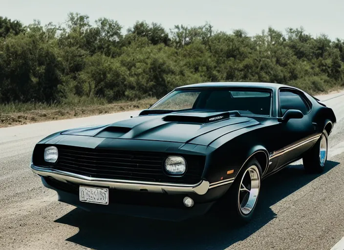 Prompt: retro picture of a black camaro mach 1, chased by a white police car on a dusty road, sunny day