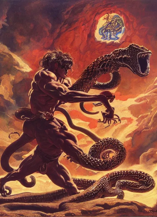 Image similar to a highly detailed symmetrical painting of conan fighting a mythical snake creature, dynamic lighting, ambient lighting, art by frank frazetta and glenn fabry and argerm, hires, 4 k