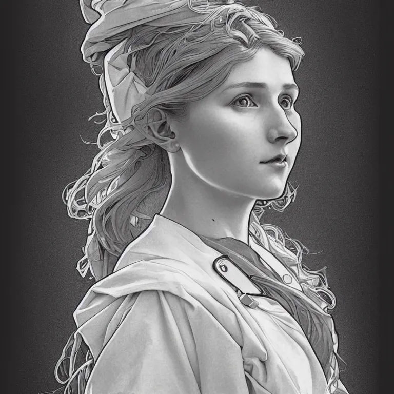 Image similar to hyperrealist pencil sketch of a lovely female nurse by david malan and alphonse mucha, fantasy art, drawing, circular composition!!!, dynamic lighting, artstation, poster, volumetric lighting, very detailed faces, 4 k, award winning