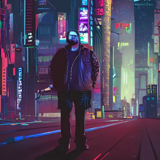 Image similar to Cyberpunk Gabe Newell standing in the street of a cyberpunk city at night in the rain, detailed