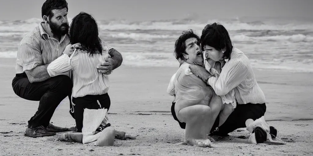 Image similar to strong man in a shirt and a tie sitting on windy cold beach, holds his mother on his arms