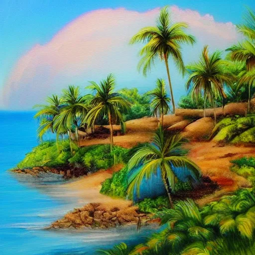 Image similar to a dreamy painting of a tropical island
