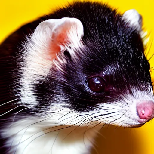 Prompt: black ferret, yellow background, professional photography