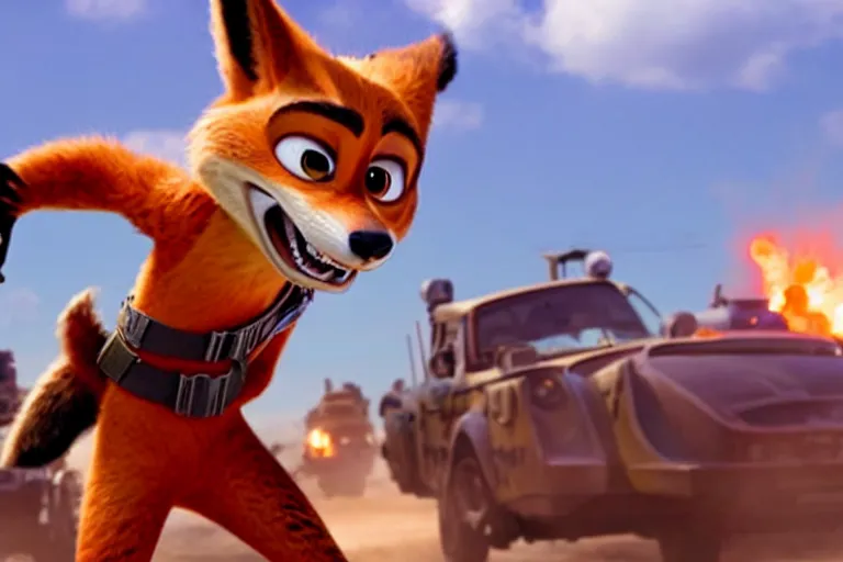 Image similar to nick wilde ( from zootopia ), heavily armed and armored facing down armageddon in a dark and gritty reboot from the makers of mad max : fury road