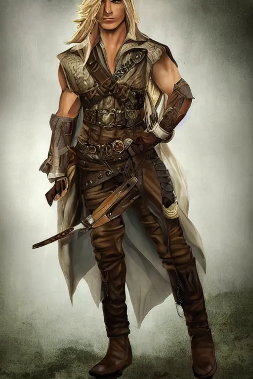Image similar to a male ranger, dnd, with a leather vest and linen pants, long swept back blond hair, chiseled good looks, digital art