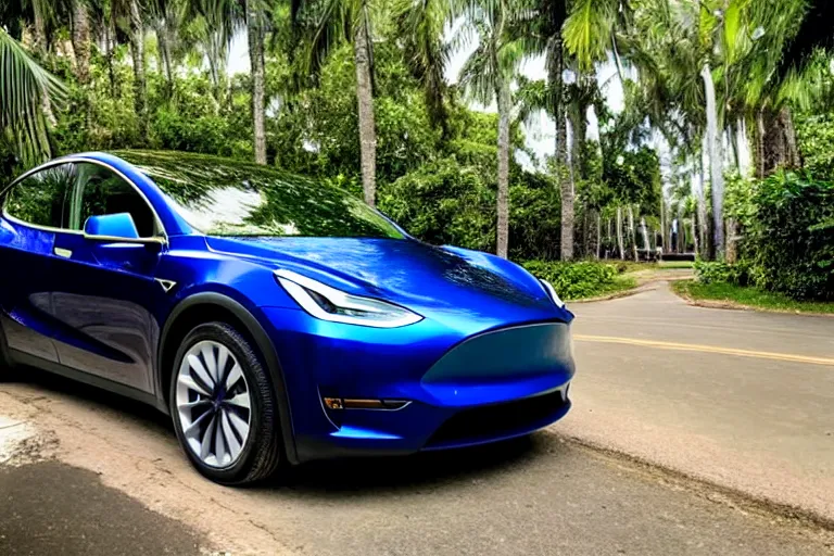 Image similar to Tesla model y on the road in a beautiful lush tropical city