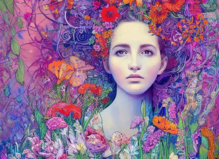 Image similar to a painting of a beautiful young girl with a lot of flowers and plants on its head, poster art by android jones, behance contest winner, generative line art, made of flowers, grotesque, concert poster