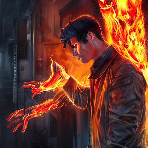 Prompt: handsome dark-haired cyberpunk young man, controlling flames with his hands, in destroyed Paris, very detailed, realistic, symmetrical face, sexy, art by digital painting,