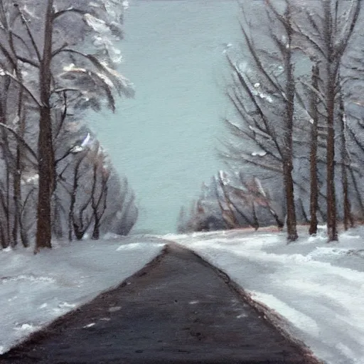 Prompt: the snow - covered path was no help in finding his way out of the back - country. painted