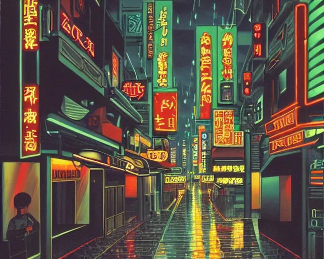 Prompt: cozy soft neon street with in a cyberpunk city on a rainy melancholy tokyo night in 1 9 9 6 by de chirico
