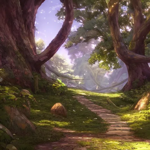 Image similar to forest path, beautiful ancient trees, hiding large treasure chest, serene evening atmosphere, soft lens, soft light, cel - shading, animation, in the style of cgsociety, deviantart, artstation, zbrush, cinema 4 d, studio ghibli, akihiko yoshida, atelier lulua, masamune shirow