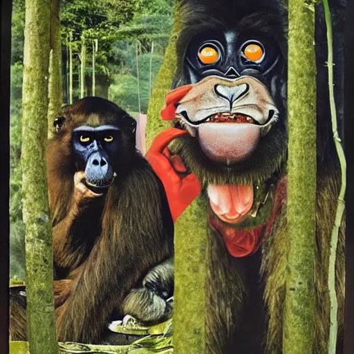 Image similar to toshiko okanoue tiger face clouds gorilla fighting a baboon chaotic jungle wes craven highly detailed, photo realistic, full color, crimson lips