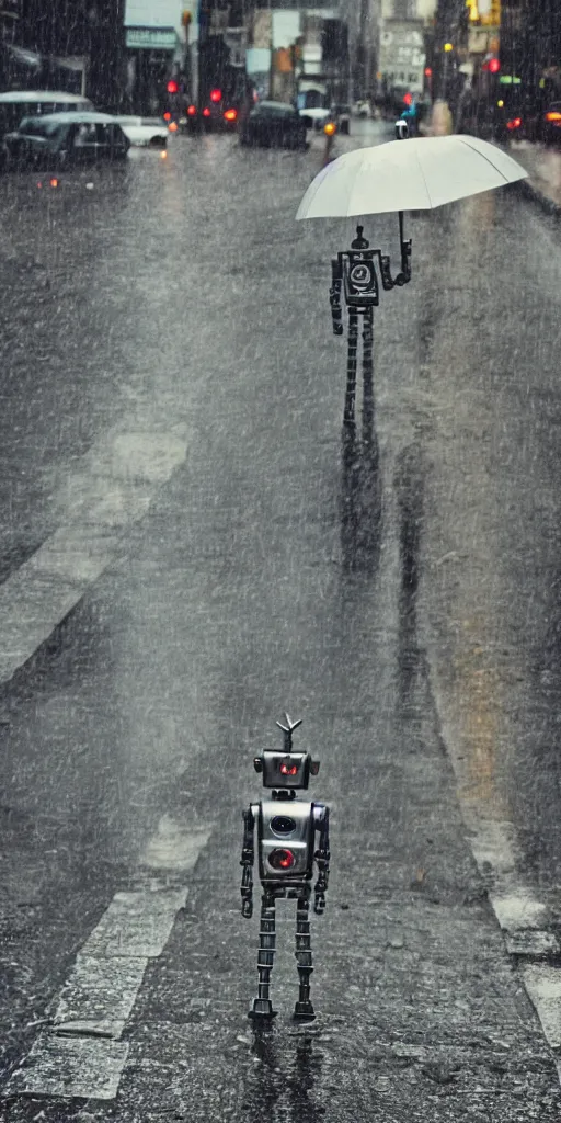 Image similar to robot on the road, city, photo, rain, rain, rain,