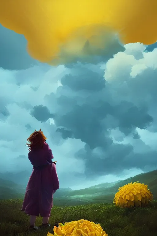 Image similar to closeup girl with huge yellow dahlia flower face, standing on mountain, surreal photography, blue storm clouds, dramatic light, impressionist painting, digital painting, artstation, simon stalenhag