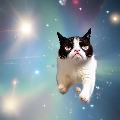 Prompt: photo of hyperspeed flying through outer space, blurry grumpy cat running fast with motion blur