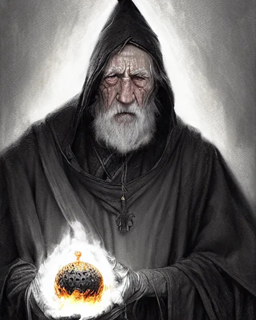 Prompt: a elderly wizard casting a black fireball | | pencil sketch, realistic shaded, fine details, realistic shaded lighting poster by greg rutkowski, magali villeneuve, artgerm, jeremy lipkin and michael garmash and rob rey