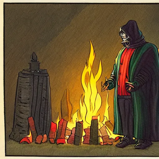 Image similar to full page detailed colored illustration of shadowy man in a dark cloak in front of fire