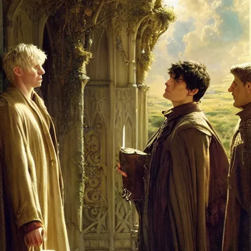 Image similar to arthur pendragon and merlin. focus on their faces. natural lighting. highly detailed painting by gaston bussiere, j. c. leyendecker, greg rutkowski 8 k