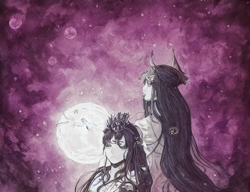 Prompt: moon priestess. color ink wash by award - winning mangaka, chiaroscuro, bokeh, backlighting, field of depth