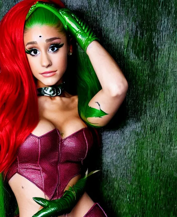 Image similar to ariana grande modeling as poison ivy, professional photograph