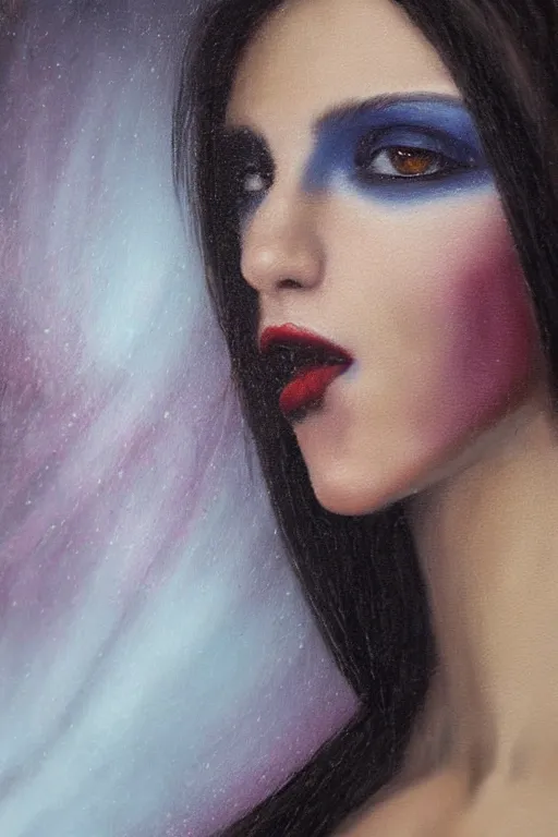 Image similar to hyperrealism oil painting, close - up portrait of european medieval brunette vampire fashion model, knight, steel gradient mixed with nebula sky, in style of baroque