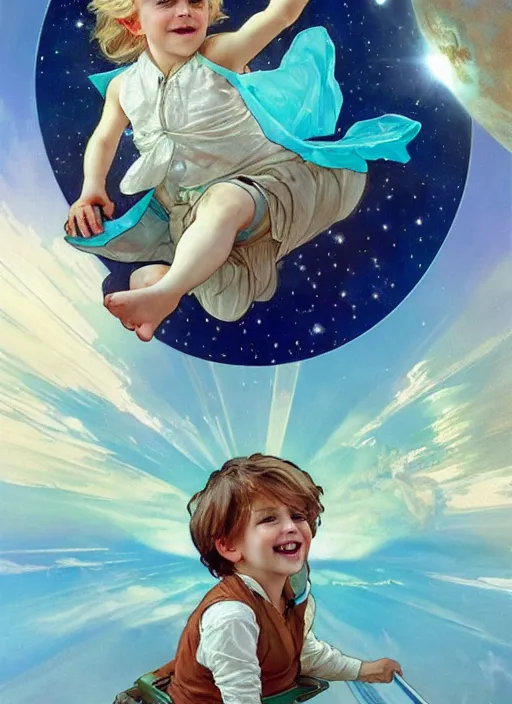 Image similar to a cute little boy with a mischievous face, blue eyes, and tousled blonde hair smiles as he floats in space with stars all around him. he is wearing a turquoise outfit. beautiful painting by artgerm and greg rutkowski and alphonse mucha