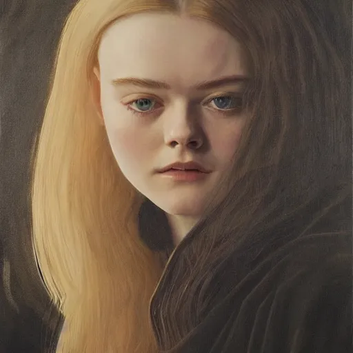 Prompt: Elle Fanning in a black coat, religious masterpiece portrait, oil on canvas, golden hour, in the world of Andrew Wyeth and Bloodborne, artstation, by Jean Giraud Moebius,