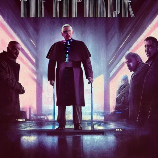 Image similar to the pope in blade runner 2049, by drew struzan