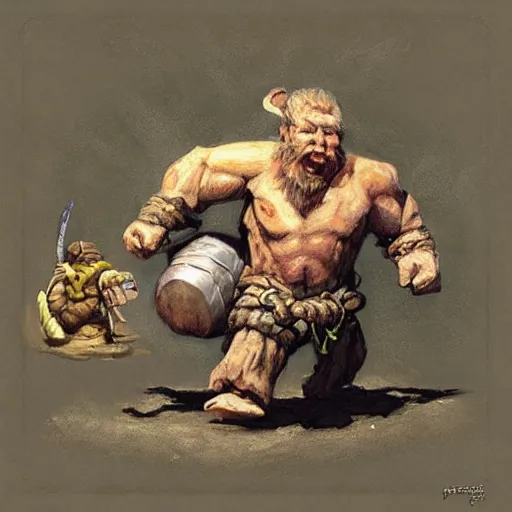 Image similar to “dnd dwarf, dragging big sack, by paul bonner”