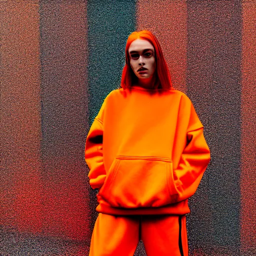 Image similar to un ultra high definition modern streetwear art photographic portrait of a fictional female fine artist named oxoxoxox oxoxox standing outside her london home wearing all orange. three point light. golden hour, golden ratio, ray tracing, volumetric light and shadow, shallow depth of field.