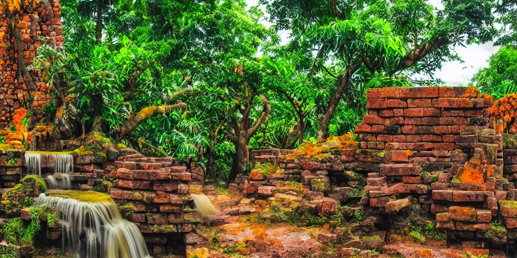 Prompt: ancient forest stone brick temple with a waterfall and colorful tropic mango trees, banana trees, orange trees, papaya trees, sunset, high definition, high detail, photorealisitc, 8k,