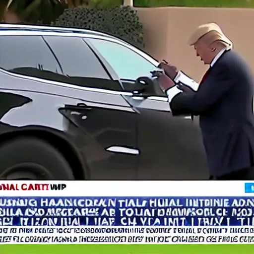 Prompt: Newscast still of Donald Trump being handcuffed and arrested and put into a cop car at mar-a-lago