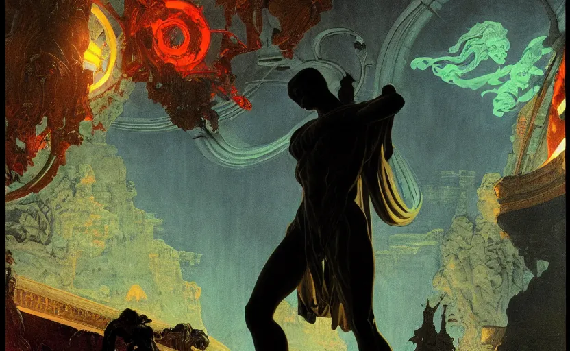 Prompt: a colorful glowing silhouette of a marble statue in baroque neoclassicist sci - fi halls of creation. detailed textures. gloomy, dark black background. highly detailed fantasy science fiction painting by moebius, norman rockwell, frank frazetta, and syd mead. rich colors, high contrast. artstation