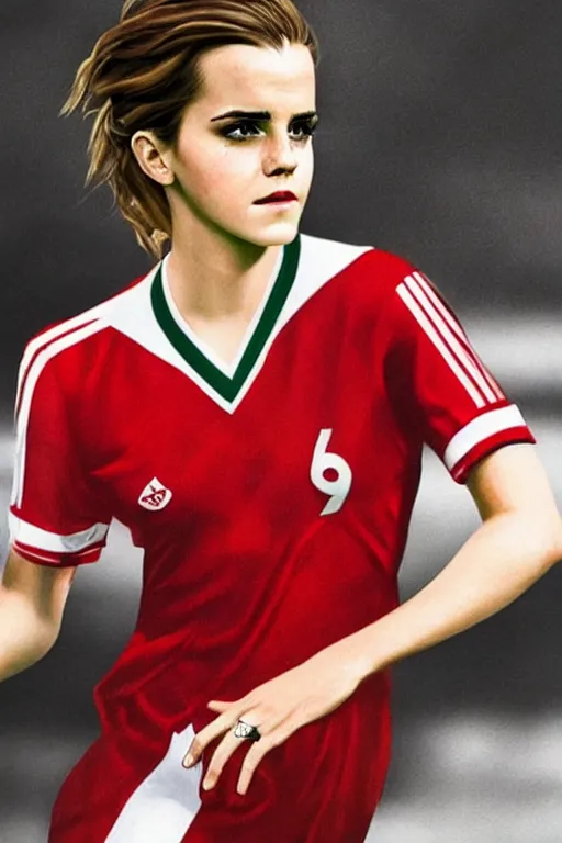 Image similar to a portrait of emma watson as a lokomotiv football player, hyper realistic, highly detailed